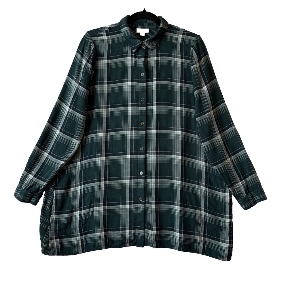 J. Hill Dark Green Mixed Plaid Tunic Button Up Shacket‎ M Pockets Double Cloth